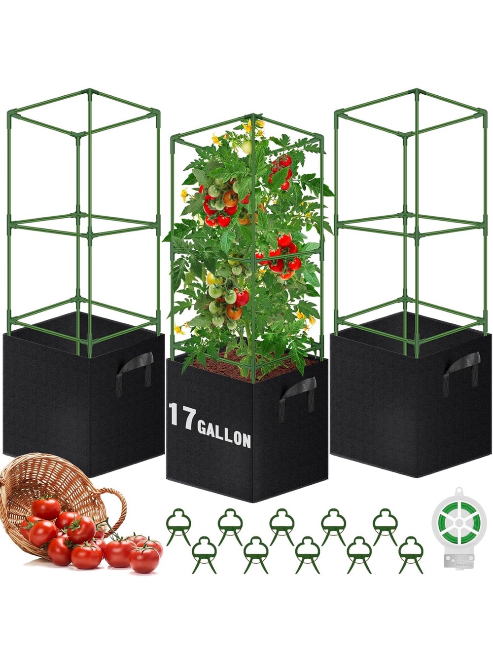 Tomato Plant Support Cage Kit in Green Two Grow Bags Three Cages Clips Twine